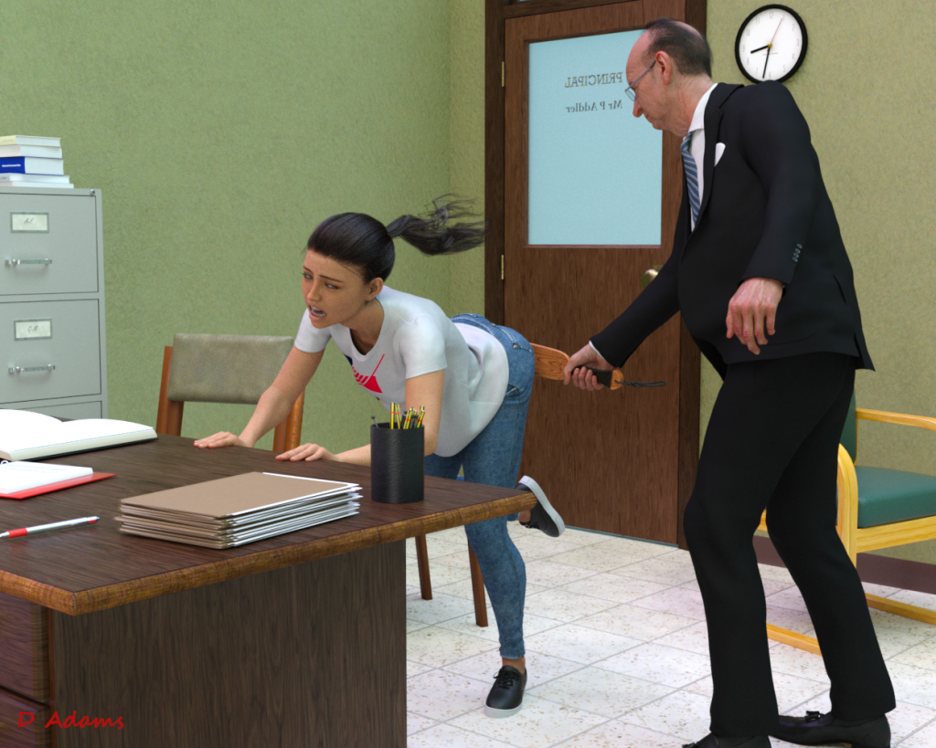 A dark-haired schoolgirl reacts to the landing of a paddle, pushing forward and raising her leg, her hair swinging behind her. The older man swings with great vigour. The nam on the door reads "Principal Mr P Addler"