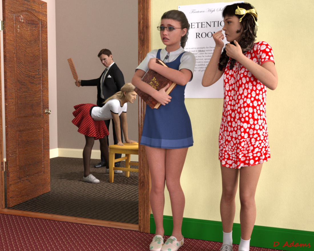 In a corridor, outside a room with an open door, by a sign headed "Detention Room", two girls stand and wait, looking nervous. Through the door, we see a third girl bending over a chair. Behind her, a man in a suit is swinging a paddle towards her well presented derrier.