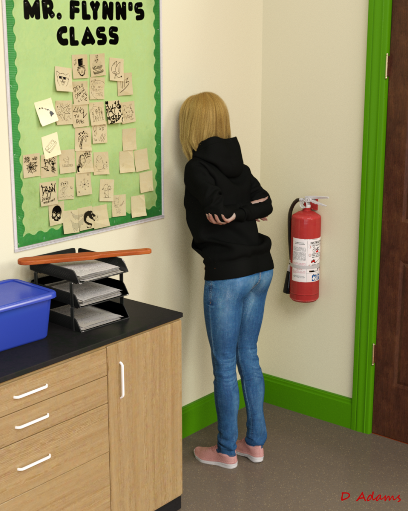 A teenage girl stands in the corner of a classroom, her nose to the wall, and a paddle on the bench beside her