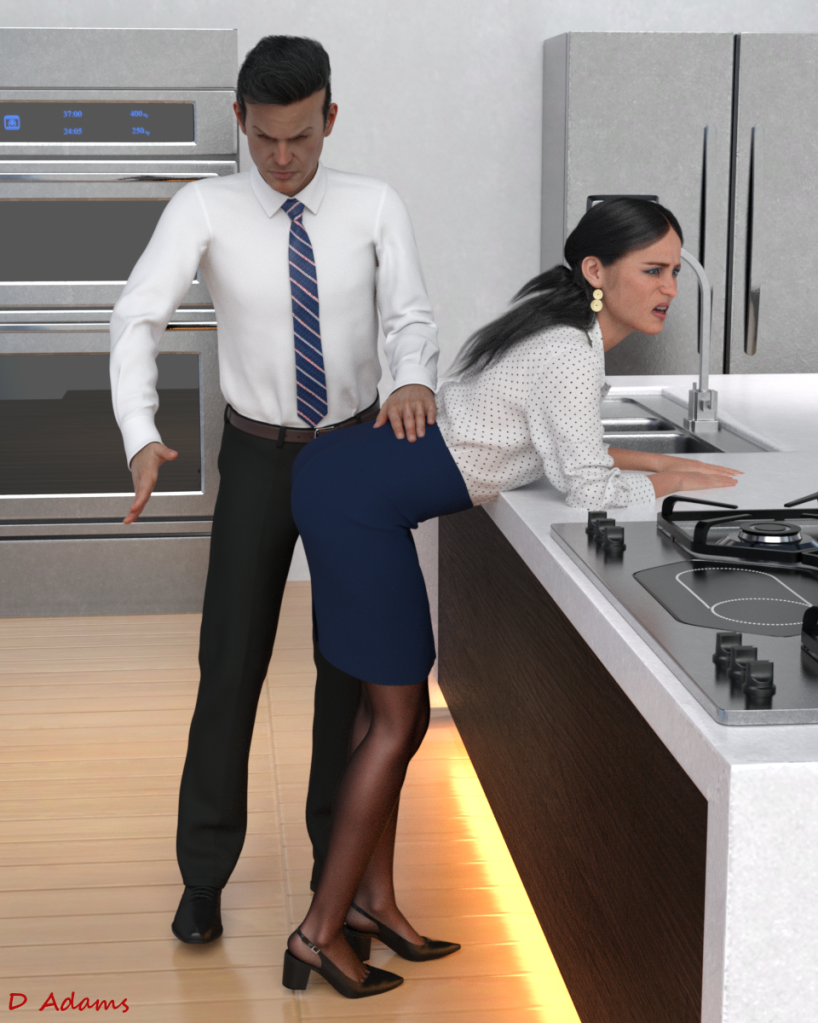 A smartly dressed woman leans on a kitchen worksurface, while a smartly dressed man spanks her bottom